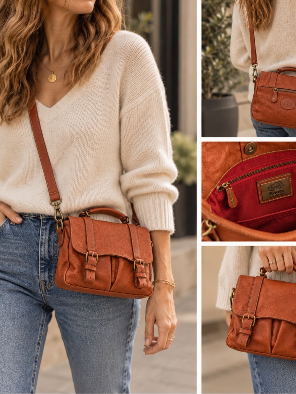 Roots Rust Brown Leather Crossbody Satchel